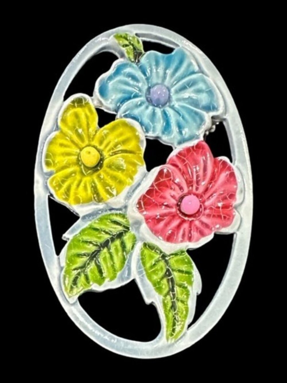 Vintage Broch Oval Shaped Enamel Flowers Blue Green Red Pendant Loop Womens